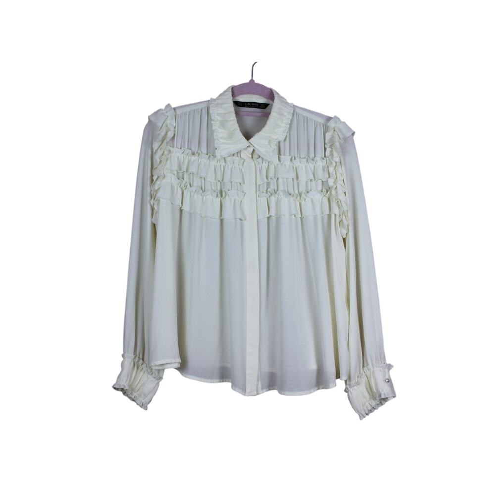 Zara Ivory Long Sleeve Button Up Soft Flowy Ruffles Dressy Blouse Top Size 6